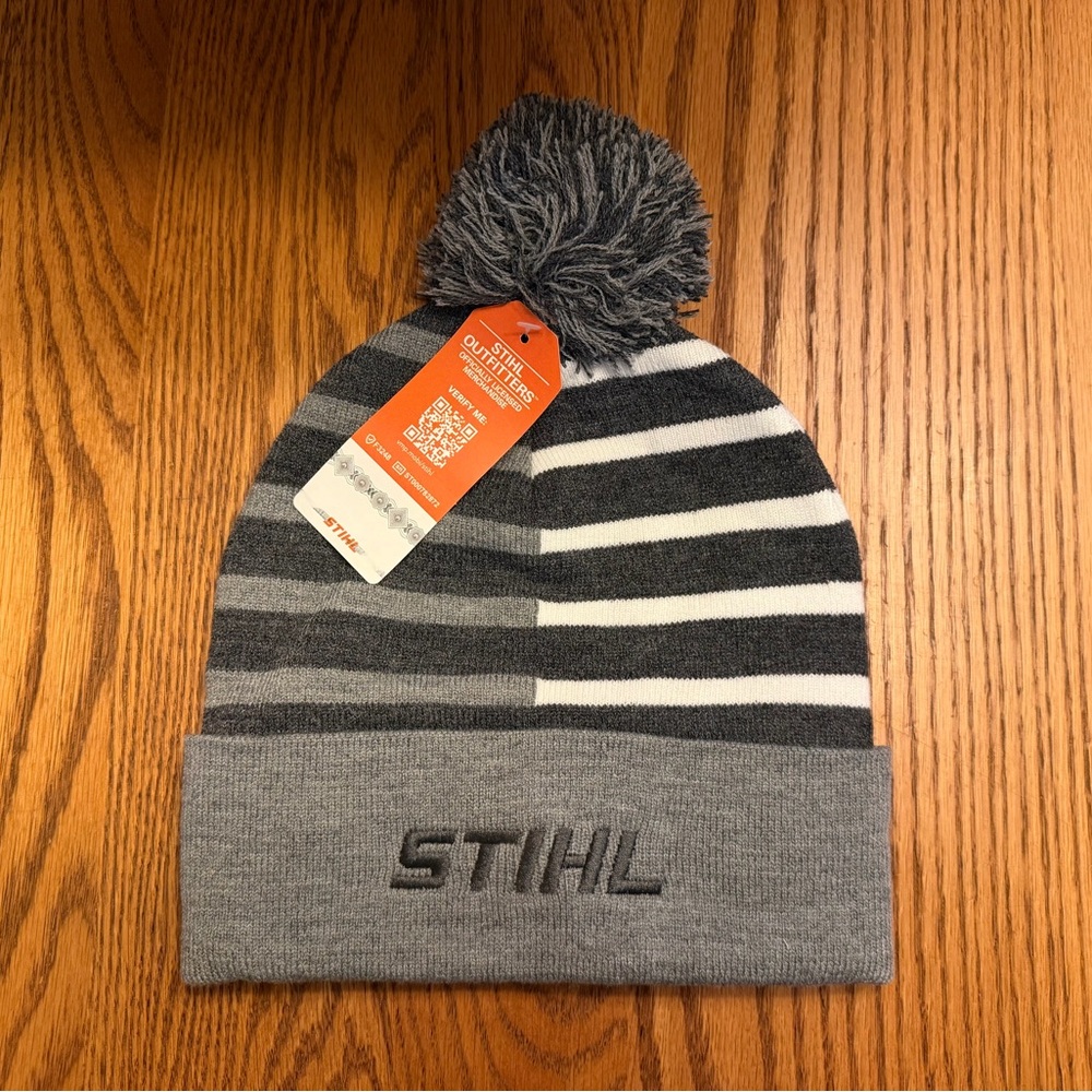 STIHL Gray Striped Pom-Pom Beanie